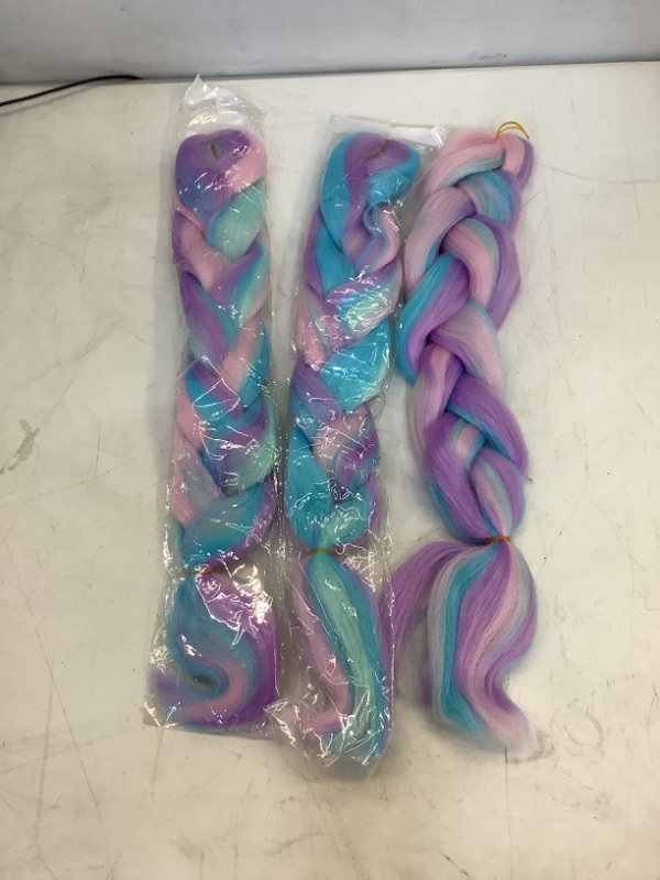 Photo 2 of Jumbo Braiding Hair Fiber Mix Four Silky Colorful Twist Braiding Hair 3pcs Rainbow Colors Extensions Kanekalon Synthetic Hair Blue-Light Purple-Pink Synthetic Fiber Soft Healthy 24 IN