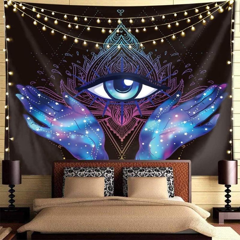 Photo 1 of QCWN Psychedelic Tapestry Trippy Tapestry  Black Purple Hamsa Hand Tapestry Evil Eye Hamsa Hand Tapestry Blessing Home Good Luck Wall Decor Tapestry Mandala Bohemian Tapestries For Bedroom Dorm Room.