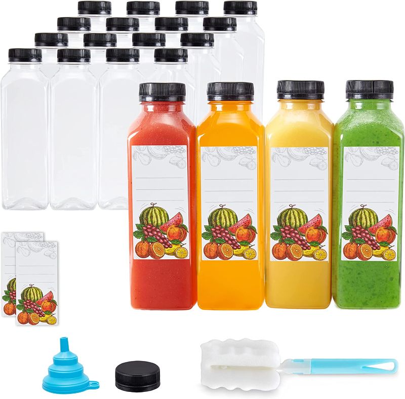 Photo 1 of JumblWare Juice Bottles 20 Clear Plastic 16oz Reusable Bottles w/Funnel, Cleaning Brush, & Labels for Work, Gym, Home, & Catered Events Recyclable, Disposable, Shatterproof, BPA-Free Made in USA