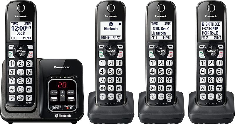 Photo 1 of Panasonic Expandable Cordless Phone System with Link2Cell Bluetooth, Voice Assistant, Answering Machine, and Call Blocking - 4 Cordless Handsets - KX-TGD664M 