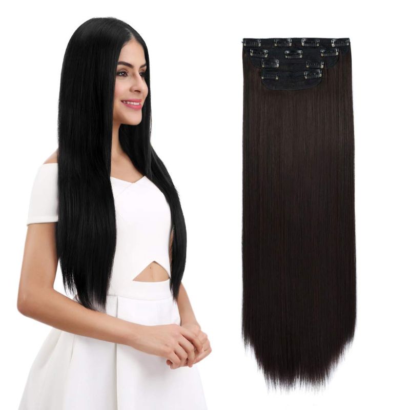 Photo 1 of REECHO 28" Straight Super Long 4 PCS Set Thick Clip in on Hair Extensions Dark Brown with Little Reddish