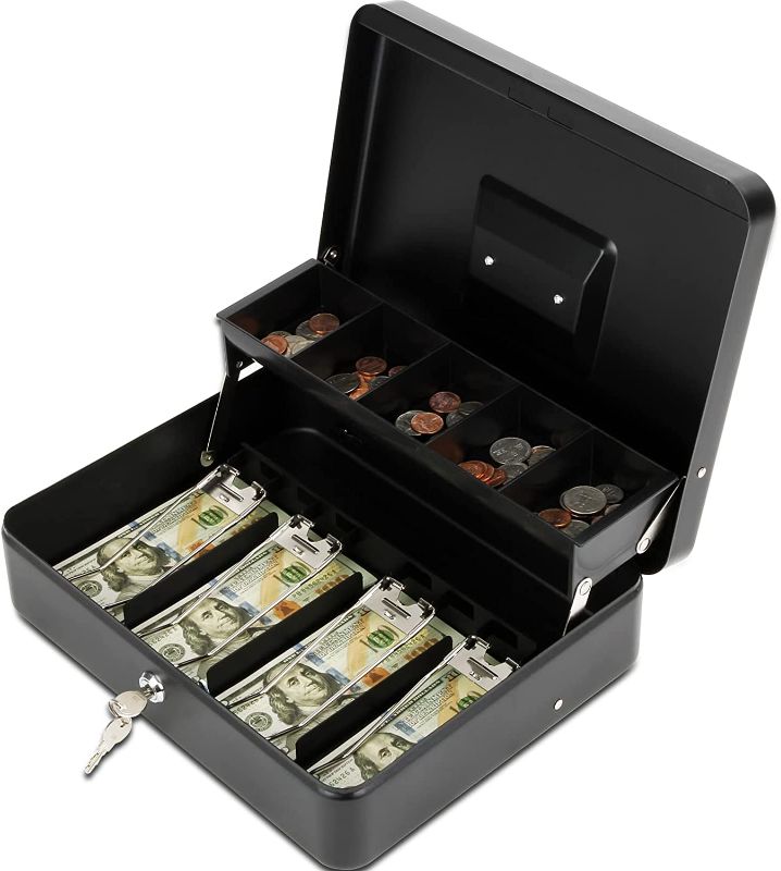 Photo 1 of Sgorlds Cash Box, 11.8L x 9.5W x 3.5H Inches, Black, Cash Box with Money Tray and Key Lock with 4 Bill 5 Coin Slots,Large Safe Lock Box with Key,Portable Steel Money Saving Organizer for Security