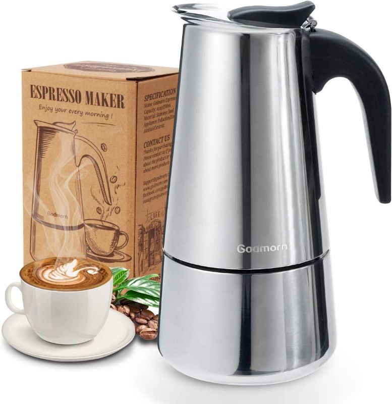 Photo 1 of Godmorn Stovetop Espresso Maker, Moka Pot, Percolator Italian Coffee Maker, 300ml/10oz/6 cup (espresso cup=50ml), Classic Cafe Maker, stainless steel, suitable for induction cookers