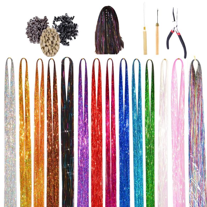 Photo 1 of Hair Tinsel Kit, 16Color 47 Inches Glitter Heat Resistant Tinsel Hair Extensions Tensile with Hair Beads Wigs Tools & Accessories Tools Gift Set for Halloween Christmas Decoration Women Girls (16 COLOR KIT)