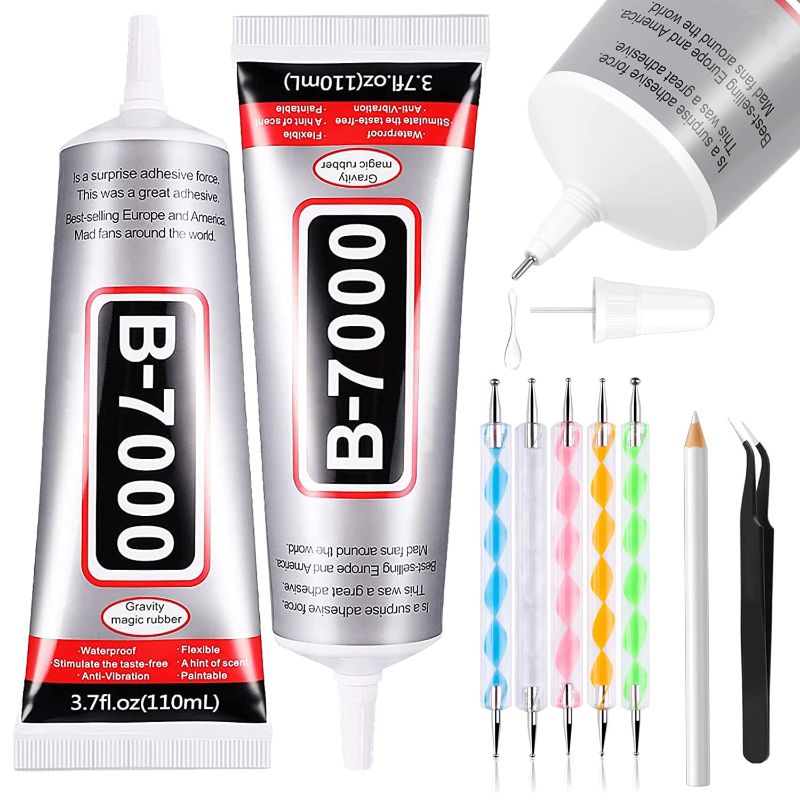 Photo 1 of B7000 Adhesive Rhinestones Glue for Crafts, 2PCS 110ml / 3.7 fl oz B7000 Clear Glue with 5 Dotting Pen Tool, Wax Pencil and Tweezer, Jewelry Glue for DIY Craft Makeup Shoes Jewelry Making Nail Art