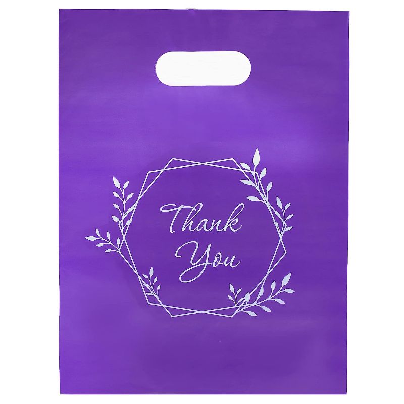 Photo 1 of 100 Thank You Bags for Business Small Purple Color 1.5Mil 9"x12" Merchandise Bags Extra Thick Glossy Purple Retail Bags and Thank You Bags With Handles and Plastic Bags for Small Business