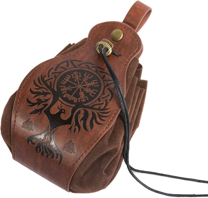 Photo 1 of HiiFeuer Medieval Faux Leather Pouch, Portable Drawstring Purse, Vintage Belt Pouch Dice Bag For LARP Ren Faire (Dragon Brown)