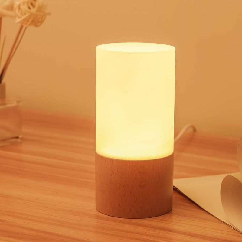 Photo 1 of LONRISWAY Small LED Wood Table Lamp, Bedroom Bedside Night Light, Dimmable Led Lighting, Creative Home Decor Table lamp, Unique House Natural Beech Wood lamp