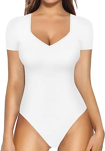 Photo 1 of MANGOPOP Sweetheart V Neck Bodysuit for Women Short Sleeve Long Sleeve Body Suits Tops MEDIUM 