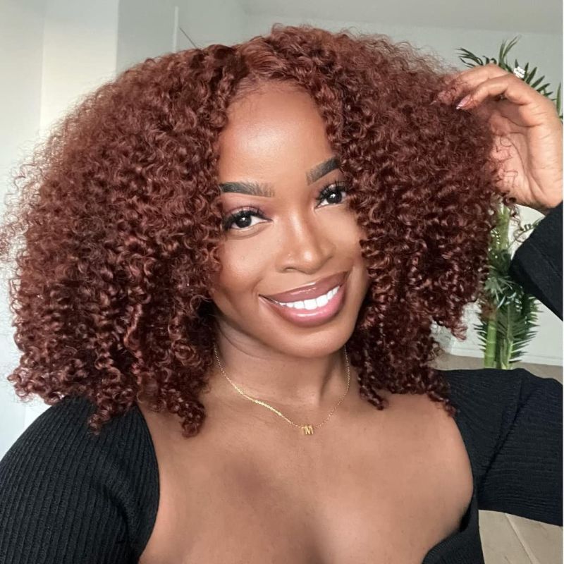 Photo 1 of Nadula Reddish Brown Kinky Curly 13x4 Lace Front Human Hair Wigs Pre Plucked with Baby Hair 10A Glueless Malaysian Afro 4C Kinky Curly Copper Red Colored Lace Frontal Wigs #33B Color 18inch + Free Gifts 