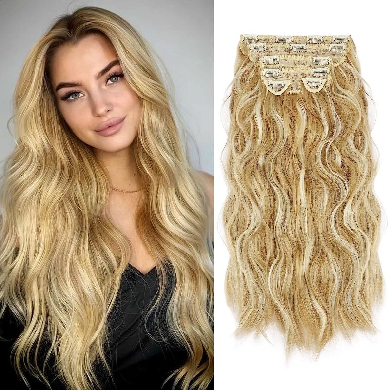 Photo 1 of Blonde Clip In Hair Extensions 20 Inch 6 Pcs Long Wavy Curly Strawberry Blonde Highlight Bleach Blonde Hair Extensions Synthetic Fiber Double Weft Soft Hairpieces For Women