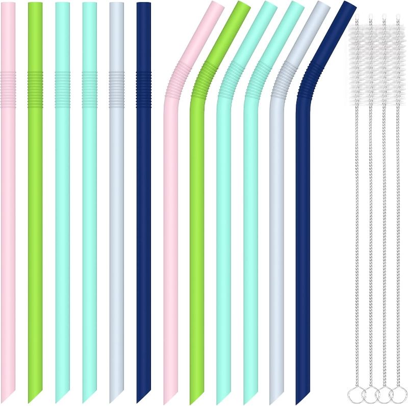 Photo 1 of 12-Pack Reusable Silicone Straws with Travel Case, Urekt 9 Inch Flexible Silicone Drinking Straws for 20 - 30 oz Yeti Tumblers, BPA Free, No Rubber Taste, 4 Cleaning Brushes