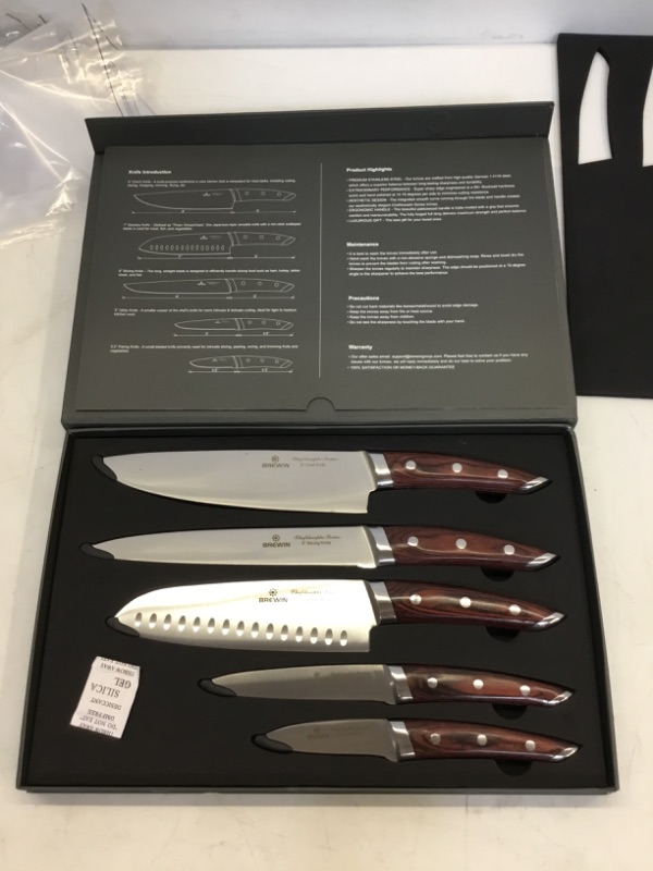 Photo 1 of Brewin CHEFILOSOPHI Chef Knife Set 5 PCS with Elegant Red Pakkawood Handle Ergonomic Design, Professional Ultra Sharp Kitchen Knives for Cooking High Carbon Stainless Steel Japanese Chef's Knife… 5PC Professional Chef Knife Set