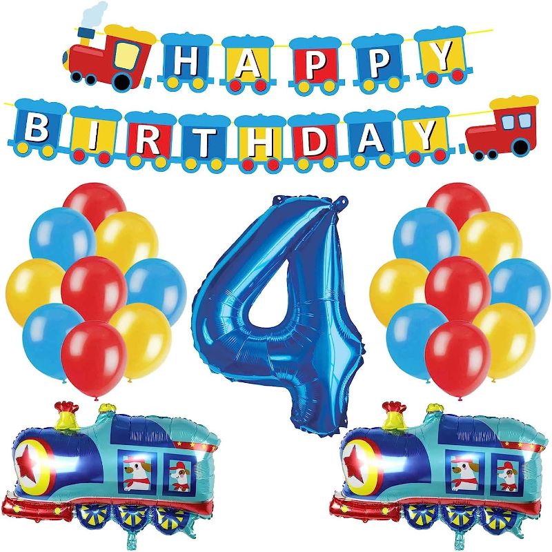 Photo 1 of JOPARY Train 3rd Birthday Decorations Boys Train, 3 Years Old Birthday Party Supplies With Number 3 Foil Balloons Train Birthday Banner, Latex Balloons For Kids Train Birthday Party Decoration