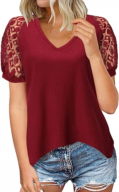 Photo 1 of Blouses for Women Casual, Women's Casual V Neck Lace T-Shirts Waffle Knit Blouse Tops Short Sleeve Tees