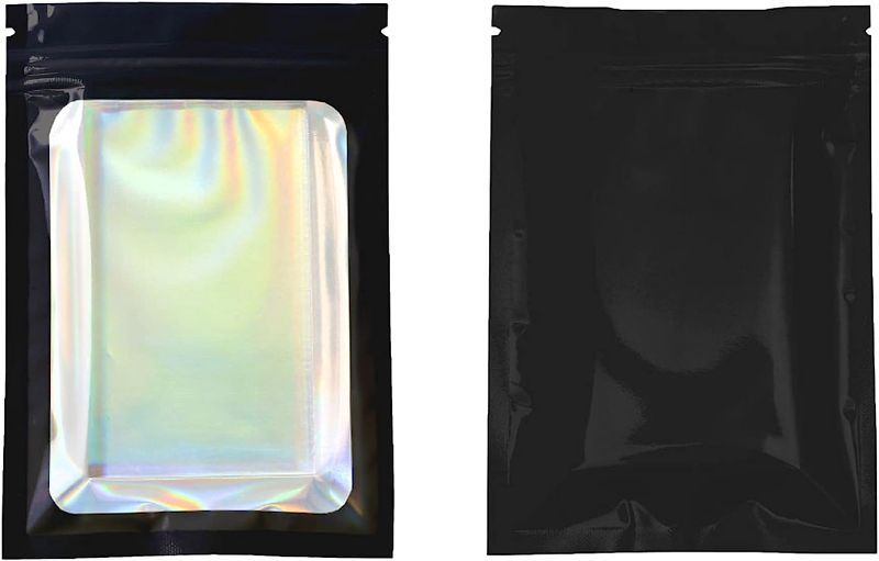 Photo 1 of QQ Studio Holographic Black Foil Packaging Bags for Candy and Snack Prep, Clear Plastic Window Bags with Food Safe Lining, Iridescent Zipper Bags 4" x 3"