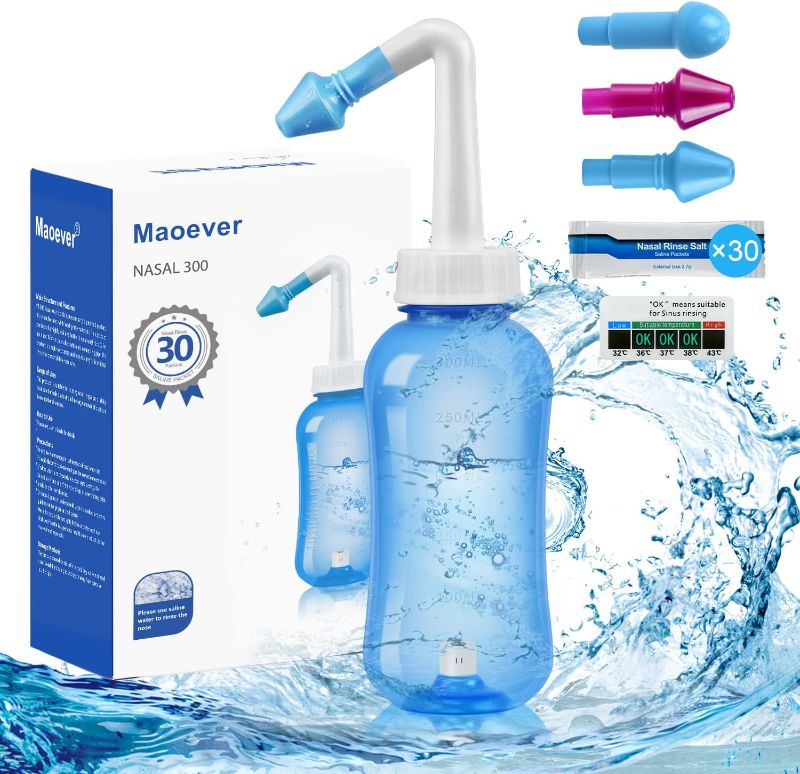 Photo 1 of Neti Pot Sinus Rinse Bottle Nose Wash Cleaner Pressure Rinse Nasal Irrigation for Adult & Kid BPA Free 300 ML with 30 Nasal Wash Salt Packets and Sticker Thermometer