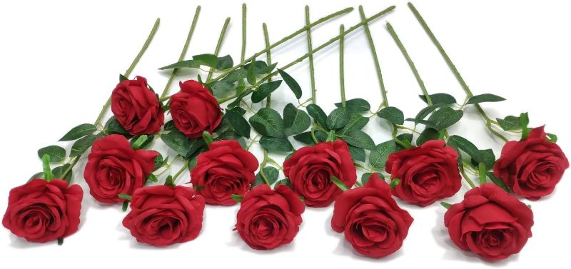 Photo 1 of Laelfe 12 pcs Artificial Red Roses Flowers Long Stem Fake Silk Rose for Home Wedding Decorations(Red)
