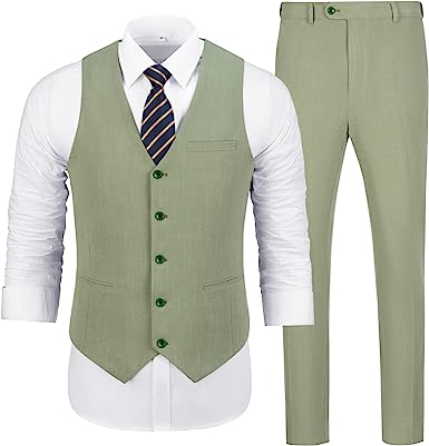 Photo 1 of Holivyer Men's Casual Linen Suit Set 2 Piece Slim Fit Wedding Suits Prom Groomsmen Suit Tuxedos Beach Suits Vest Pants SMALL