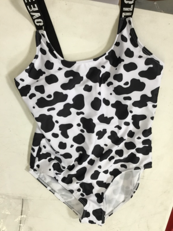 Photo 2 of Milumia Girl's Cute One Piece Swimsuit Cow Print Letter Tape Backless Bathing Suit