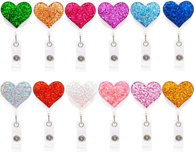 Photo 1 of Qinsuee 12 Pack Bling Heart Retractable Badge Reel, ID Badge Holder with Alligator Clip, Lightweight, 24" Easy Retracting Cord