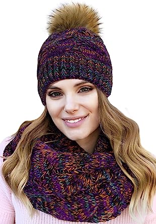 Photo 1 of Winter Knit Pom Beanie Hat Scarf Set Women Cute Soft Warm Infinity Scarves (Mix Fleece Lined Pom Pom) Multicolor