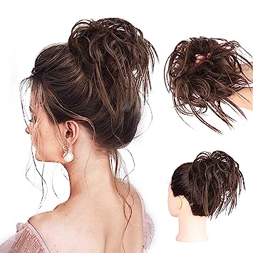 Photo 1 of HMD Tousled Updo Messy Bun Hairpiece Hair Extension Ponytail with Elastic Rubber Band Updo Ponytail Hairpiece Synthetic Hair Extensions Scrunchies Ponytail Hairpieces for Women (Tousled Updo Bun, Medium Dark Brown)