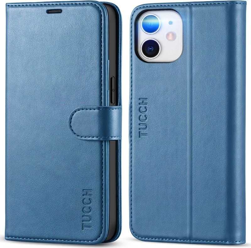 Photo 1 of TUCCH Wallet Case for iPhone 12 Mini 5G, Wallet Case with TPU Shockproof Inner Case, PU Leather RFID Blocking Credit Card Holder Magnet Stand Flip Cover Compatible with iPhone 12 Mini 5.4”, Lake Blue