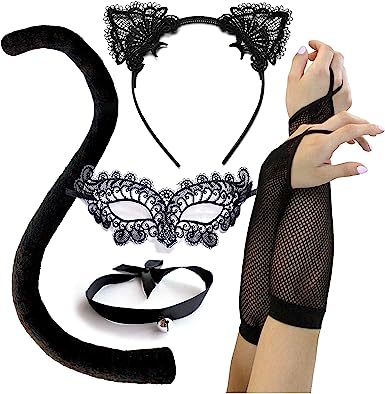 Photo 1 of OLYPHAN Black Cat Costume for Women, Halloween Masquerade Mask, Lace Ears, Gloves, Tail, Choker Necklace