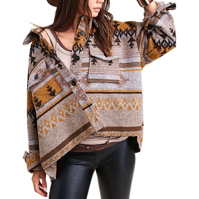 Photo 1 of PIKADINGNIS Womens Vintage Western Aztec Ethnic Boho Jacket Geometric Print Button Jackets for Women Lapel Tunic Coat Tops Spring XL 