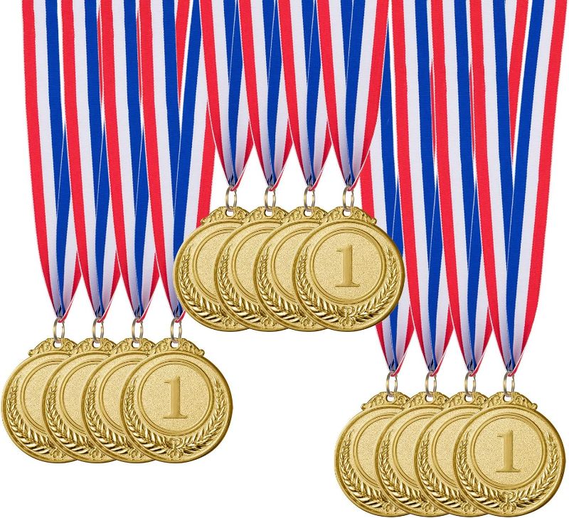 Photo 1 of 12 Pieces Gold Award Medals - Winner Medals Gold Prizes for Sports, Competitions, Parties, Spelling Bees, Olympic Style, 2 Inches