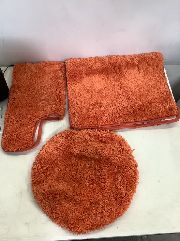 Photo 2 of Mary 3 Piece Bathroom Rug Set, Luxury Soft Plush Shaggy Thick Fluffy Microfiber Bath Mat, Contour Rug, Toilet Seat Lid Cover, Non-slip Rubber Back, Floor Mats Water Absorbent, Orange