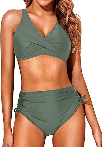 Photo 1 of Aqua Eve Women High Waisted Bikini Twist Front Swimsuits Lace up Bikini Tops Ruched Push up 2 Piece Bathing Suits