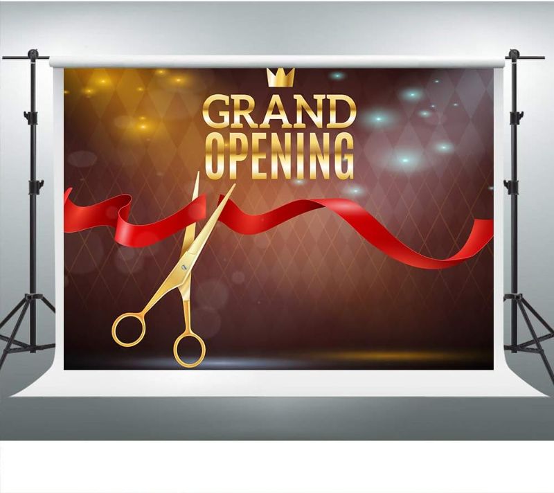 Photo 1 of Ribbon Cutting Backdrop for Grand Opening Ceremony 7x5ft Red Ribbon Gold Crown Background Party Event Banner Photo Booth Studio Props