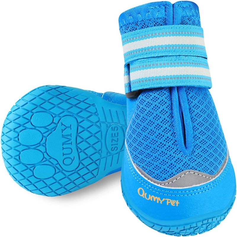 Photo 1 of QUMY 4PCS Dog Shoes for Hot Pavement Boots for Dogs Summer Booties Heat Protection Mesh Breathable Nonslip with Reflective and Adjustable Straps Blue Size 1