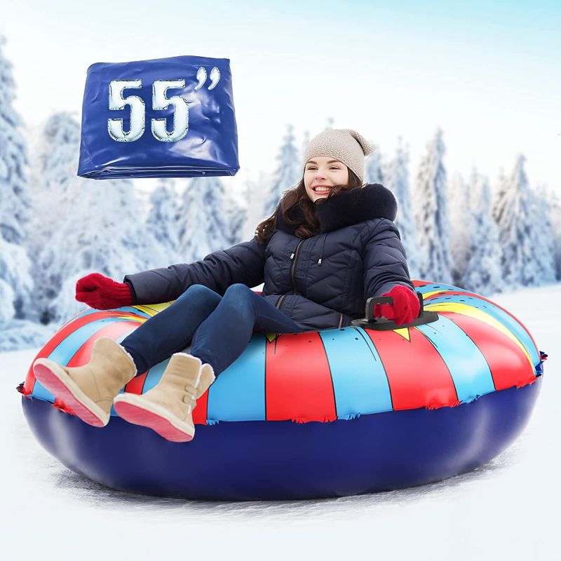 Photo 1 of EPN Snow Tube, 55" Extra Large Snow Sled with 1 mm Heavy-duty Thickened Bottom Higher Sturdy Handles Cold-resistant PVC Inflatable Sled Toboggan for Kids Adults Sledding Skiing Winter Outdoor Fun Toys