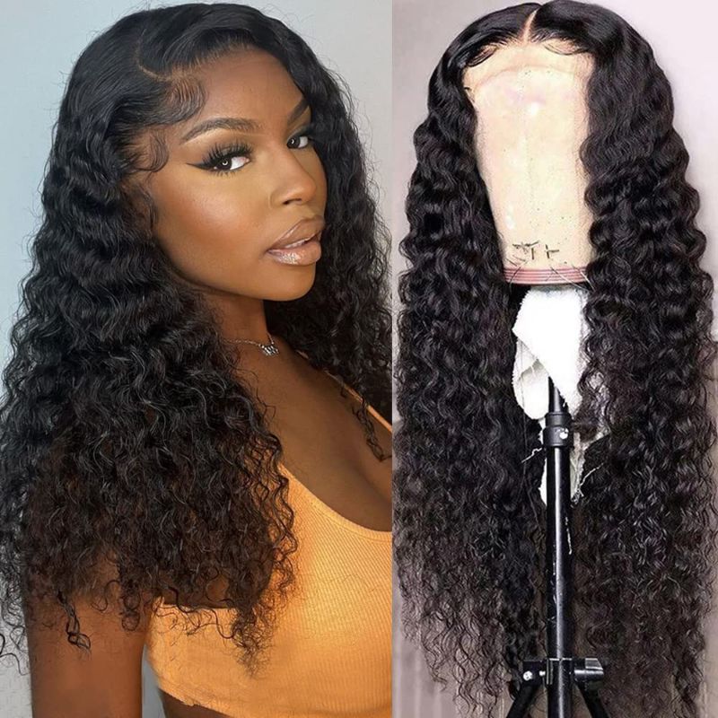 Photo 1 of FIRIEYA Deep Wave Lace Front Wigs Human Hair Wigs for Black Women 180% Density 4X4 HD Transparent Lace Closure Human Hair Wigs for Black Women with Baby Hair Natural Color