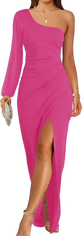 Photo 1 of ZESICA Women's One Shoulder Long Sleeve Cocktail Dress Sexy High Slit Ruched Bodycon Wedding Party Maxi Dresses LARGE 