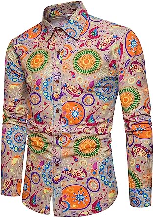 Photo 1 of QZH.DUAO Mens 70s Disco Linen Shirts Casual Paisley Tops Floral Vintage Long Sleeve Shirt XL 