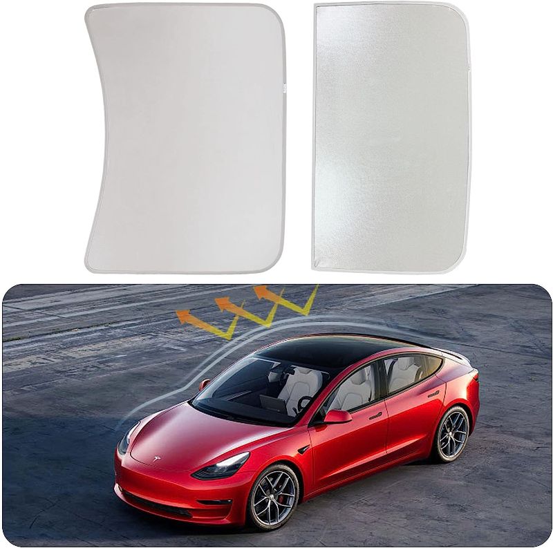 Photo 1 of Tesla Model 3 Roof Sunshade, Reflective 2-in-1 Fabric Glass Roof Sunshades for Tesla Model 3 2022 2021 2020, Heat Insulation and UV Protection, Tesla Model 3 Accessories 2022, Light Gray