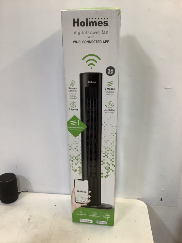 Photo 2 of HOLMES 36" Smart WI-FI Connected Tower Fan, Alexa Fan, Voice Control, Oscillation, Digital Control Panel, Remote Control, 3 Speed Settings, 3 Modes, 15-Hour Auto-Shut Off Timer, Black Finish