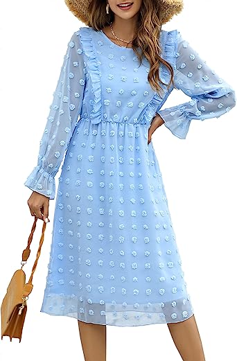 Photo 1 of KOJOOIN Women's Swiss Dot Casual Dress Long Sleeve Crew Neck Ruffle Trim High Waist Chiffon Flowy Midi Dress Blue 2XL