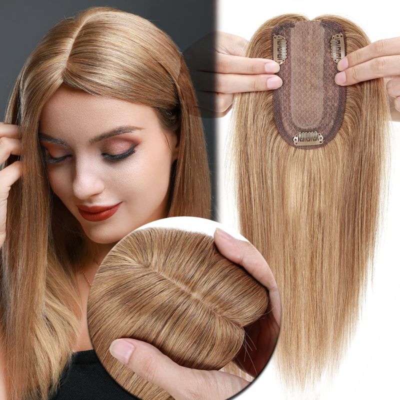 Photo 1 of MY-LADY Human Hair Toppers for Women Real Remy Hair 150% Density 7 * 13CM Silk Base No Bangs Clip in Hair Pieces Straight Hairpiece for Thinning Hair 10 Inch #12/613 Golden Brown & Bleach Blonde