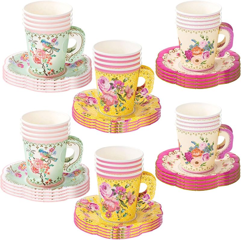 Photo 1 of 24 Count Truly Scrumptious Party Vintage Floral Tea Cups and Saucer Sets