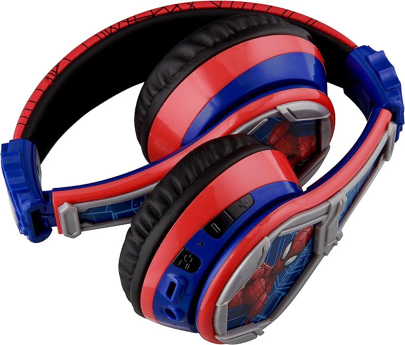 Photo 1 of eKids Spiderman Wireless Bluetooth Portable Headphones with Microphone, Volume Reduced to Protect Hearing Rechargeable Battery, Adjustable Kids Headband for School Home or Travel