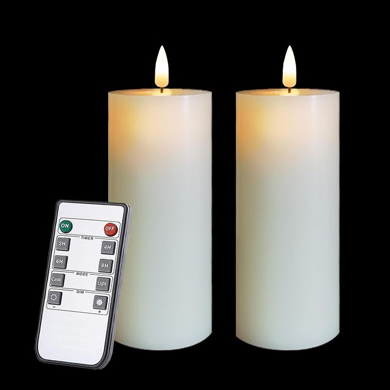 Photo 1 of volnyus Flameless Candles Set of 2 (2.2x5 Inch) Flickering LED Candles Battery Operated with Remote Control Timers for Fireplace Bedroom Livingroom Party Dimmable Ivory Pillars Flat top