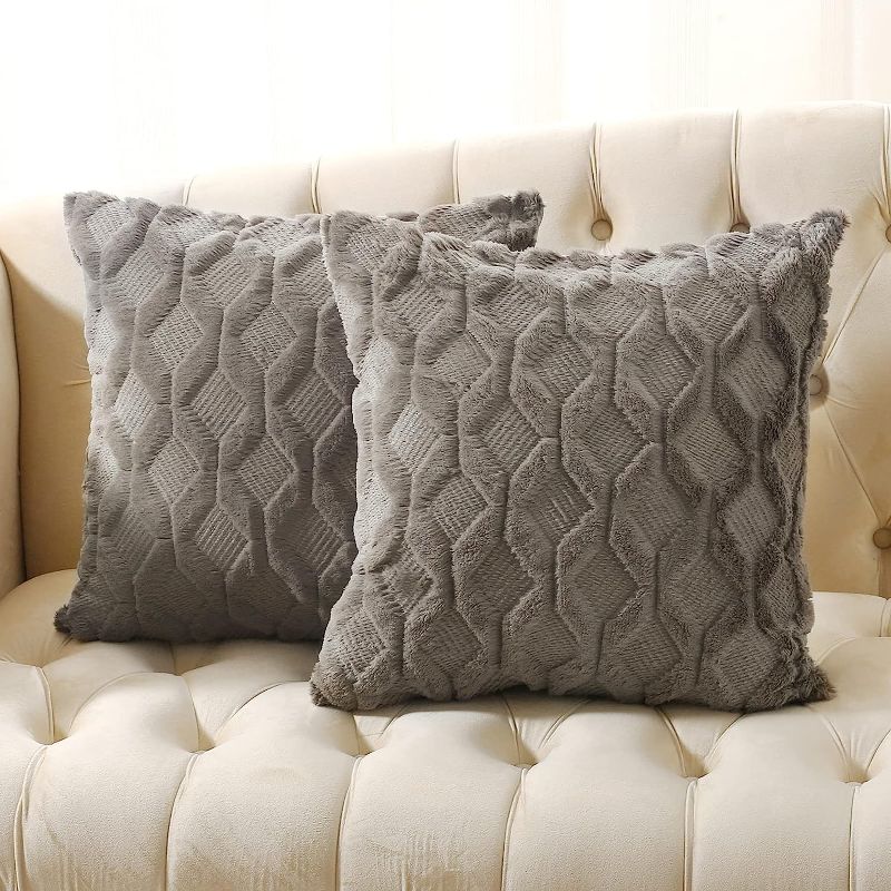 Photo 1 of Volcanics Pack of 2 Faux Wool Throw Pillow Covers 20x20 Inches Decorative Farmhouse Velvet Couch Pillow Case Soft Plush Square Boho Cushion Pillowcase, Dark Grey