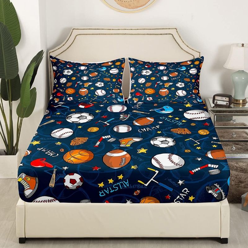 Photo 1 of Feelyou Boys Kids Sports Balls Bed Sheet Set Basketball Football Soccer Bedding Sheets Teens Stars Balls Bedding Fitted Sheet 3D Various Ball Decor Blue Bed Cover Bedroom Collection 2Pcs Twin Size