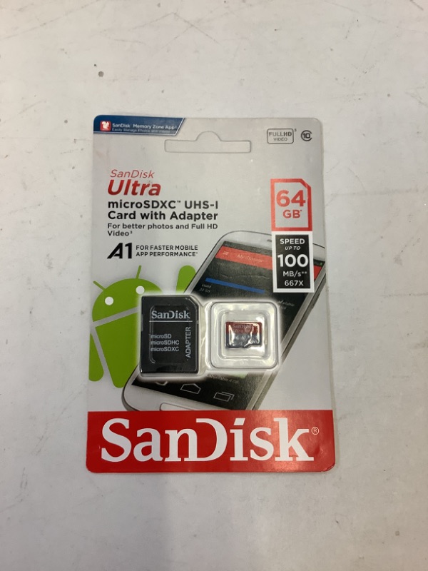 Photo 2 of SanDisk 64GB Ultra MicroSDXC UHS-I Memory Card with Adapter - 100MB/s, C10, U1, Full HD, A1, Micro SD Card - SDSQUAR-064G-GN6MA
