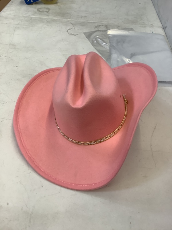 Photo 2 of Western Express Pink Felt Cowboy Hat Gold and Elastic Band Inside for Secure Fit